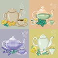 Different Herbal Tea in Cups and Teapots