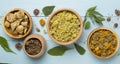 Different herbs in bowls on wooden background, top view Royalty Free Stock Photo