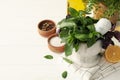 Different herbs, oil and spices on wooden background Royalty Free Stock Photo