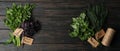 Different herbs on wooden background, top view Royalty Free Stock Photo