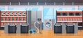 Different home appliances electric house equipment modern retail store showroom interior flat horizontal