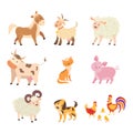 Different home farm animals set: horse, cow, sheep, goat, cat, dog, pig, hen, rooster, chicken, ram.