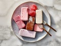 Different homemade ice cream popsicles over a plate. Generative AI