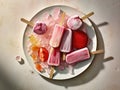 Different homemade ice cream popsicles over a plate. Generative AI