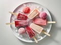 Different homemade ice cream popsicles over a plate. Generative AI