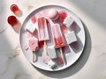 Different homemade ice cream popsicles over a plate. Generative AI