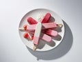 Different homemade ice cream popsicles over a plate. Generative AI