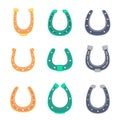 Different horseshoe vector icons in cartoon style. Lucky horseshoes set.