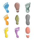 Different human footprints. Shoe tread imprint