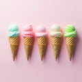 5 Different ice cream cone Flavors on minimalist background, on a light pink background with copy space. AI Generated