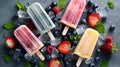 Different ice cream popsicles with ice, fresh berries and mint, top view, flat lay. Summer dessert, frozen fruit juice. Variety of Royalty Free Stock Photo