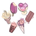 Different ice cream types set of ice cream Sketch style vector illustration for cafe menu, Royalty Free Stock Photo