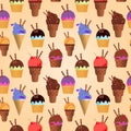 Different ice cream with wafer rolls in waffle cup, dairy product. Ice cream scoop image in flat style. Seamless pattern Royalty Free Stock Photo