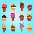 Different ice cream with wafer rolls in waffle cup, dairy product. Ice cream scoop image in flat style. Seamless pattern Royalty Free Stock Photo