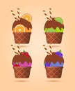 Different ice cream with wafer rolls in waffle cup, dairy product. Ice cream scoop image in flat style. Vector Royalty Free Stock Photo