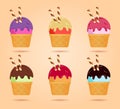 Different ice cream in waffle cup, dairy product. Ice cream scoop image in flat style. Vector illustration set. Royalty Free Stock Photo