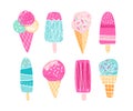 Different ice creams illustration in hand drawn style. Icecream with topping in waffle cone and on the stick. Vector art