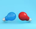 Different idea of light bulbs red and light bulbs blue on light blue background