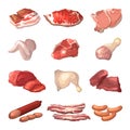 Different illustrations of meat. Marble beef, piece of lamb, and other food pictures in cartoon style Royalty Free Stock Photo