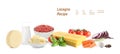 Different ingredients for lasagna on background. Banner design