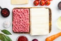 Different ingredients for lasagna, on white stone  background, top view, flat lay Royalty Free Stock Photo