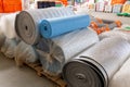 Different Insulation material in rolls for sale on a store warehouse Royalty Free Stock Photo