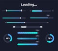 Different interface loaders in dark colors. Vector elements and pictograms collection. Transparent Preloaders. Motion