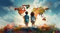 Different international multicultural children standing together in front of the world. generative AI Royalty Free Stock Photo