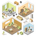 Different isometric workspaces with sectional furniture. Vector 3d architectural plan