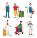 Different janitor set. People with cleaning equipment window washer Royalty Free Stock Photo