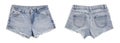 Different jean shorts on white background, top view. Collage with back and front views Royalty Free Stock Photo