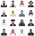 Different jewish and muslim arab men characters avatars icons set in flat style. Differences israel and islamic saudi
