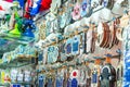 Different jewish souvenirs as Hamsa with Shalom Peace and other sale at the popular marketplace in Tel Aviv, Israel. Selective f