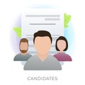 Different job search candidates flat vector icon with CV resumes on the background. Headhunter chooses and hiring best employee Royalty Free Stock Photo