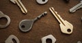 Collection of Keys on Wooden Surface in a Structured Layout Showing Different Shapes and Sizes Royalty Free Stock Photo