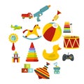 Different kids toys icons set in flat style
