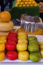 different kind of cheese in street market, Gouda, Netherlands Royalty Free Stock Photo