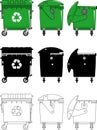 Different kind dumpsters isolated on white background in flat style: colored, black silhouette and contour. Vector Royalty Free Stock Photo