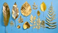 Different kind of golden coloured leaves knolled on blue background