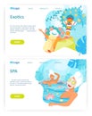 Different kind of holidays, relax in beauty spa and outdoor adventure. Travel concept. Vector web site design template Royalty Free Stock Photo