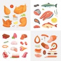 Different kind of meat food icons set vector. Raw ham, set grill chiken, piece of pork, meatloaf, whole leg, beef and Royalty Free Stock Photo