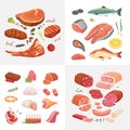 Different kind of meat food icons set vector. Raw ham, set grill chiken, piece of pork, meatloaf, whole leg, beef and