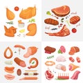 Different kind of meat food icons set vector. Raw ham, set grill chiken, piece of pork, meatloaf, whole leg, beef and Royalty Free Stock Photo