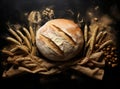 Different kind of natural breads. Fresh loafs of bread in the blue basket with ears of rye and wheat on a black