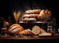 Different kind of natural breads. Fresh loafs of bread in the blue basket with ears of rye and wheat on a black