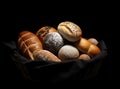 Different kind of natural breads. Fresh loafs of bread in the blue basket with ears of rye and wheat on a black