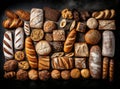 Different kind of natural breads. Fresh loafs of bread in the blue basket with ears of rye and wheat on a black