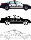 Different kind police cars isolated on white background in flat style: colored, black silhouette and contour. Vector