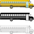 Different kind school bus on white background in flat style: colored, black silhouette and contour. Vector
