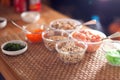 Different kind of seasame seeds and sauces fof sushi Royalty Free Stock Photo